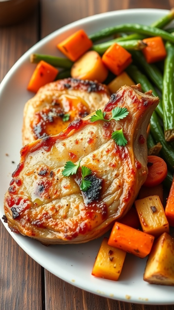 Juicy Oven-Baked Pork Chops Recipe Juicy oven-baked pork chops garnished with parsley, served with roasted vegetables on a rustic table.